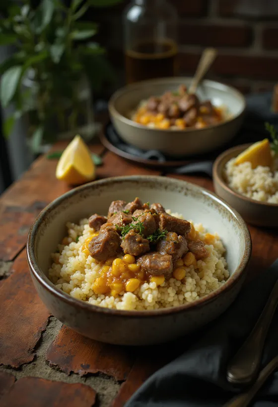 Klassisk couscous med lammekød, serveret med rige krydderier og frisk koriander