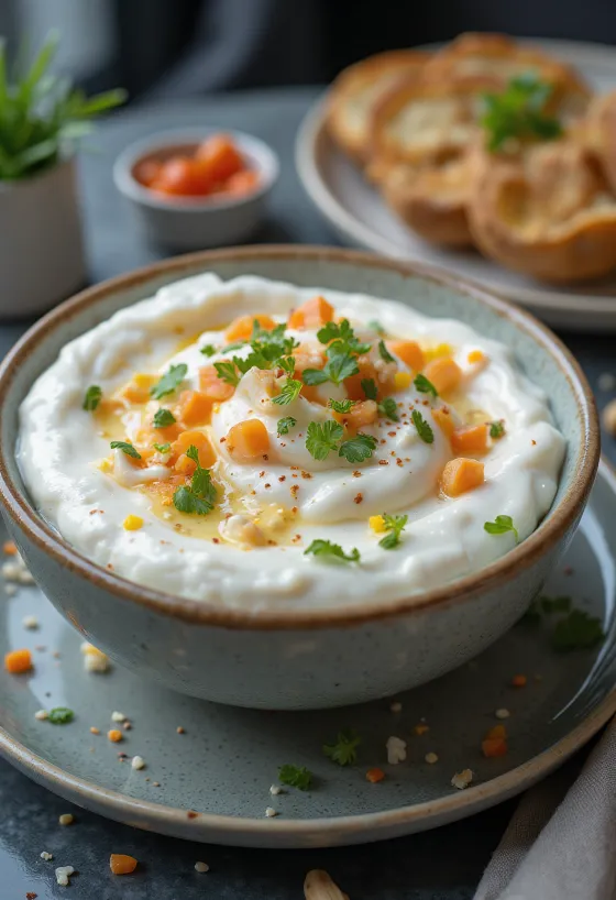 Dild-yoghurt dressing med agurk serveret