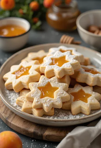 Honning-linzerkager drysset med flormelis, fyldt med marmelade