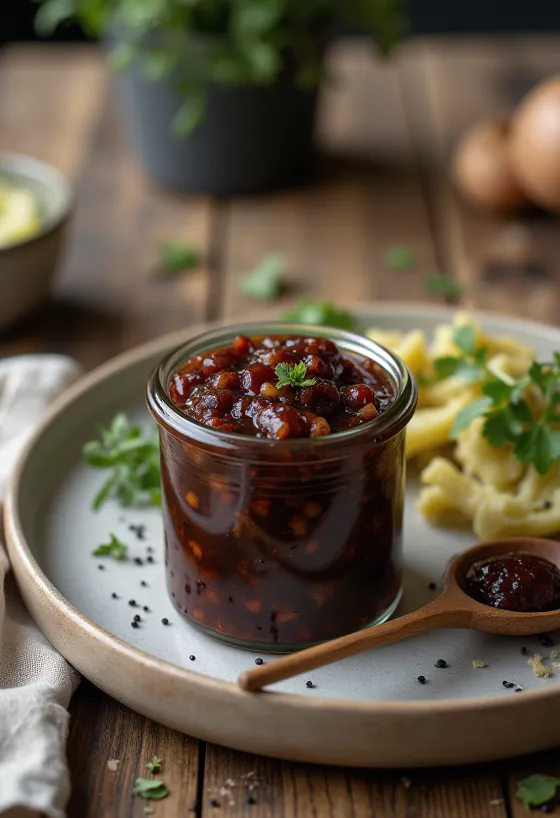 Løgchutney pyntet med frisk koriander krydret løgsauce