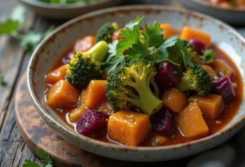 Præbiotisk broccoli- og rødbedegryde pyntet med frisk koriander