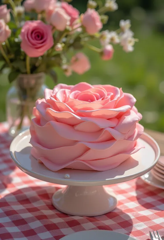 Roseformet kage med lyserød og grøn fondantdekoration