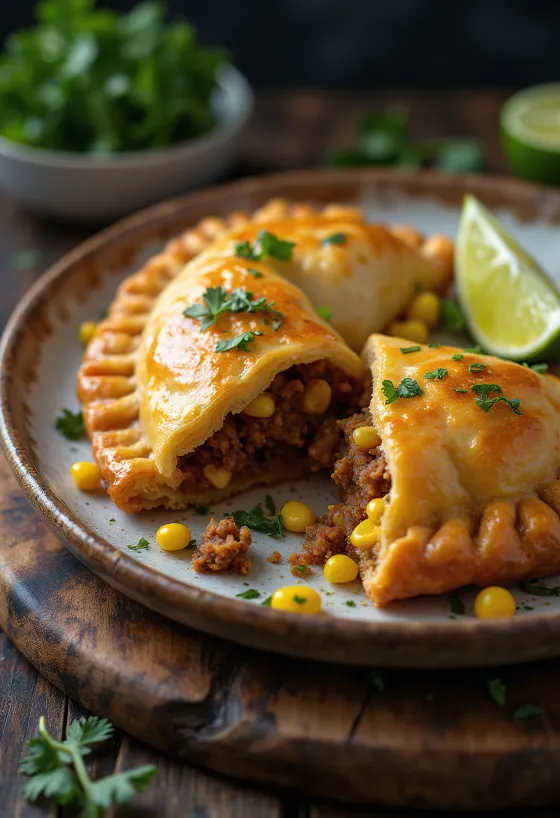 Cornish pasty i mexicansk stil, serveret med frisk koriander og limesaft