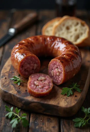 Røget pølse skåret i skiver, serveret med frisk brød og paprika.