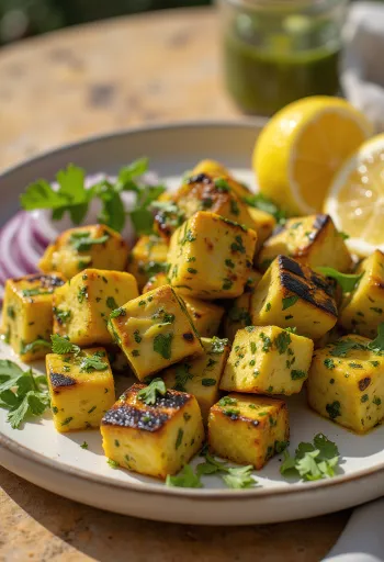Hariyali Paneer Tikka, grønkrydret stegt paneer med koriander og citron