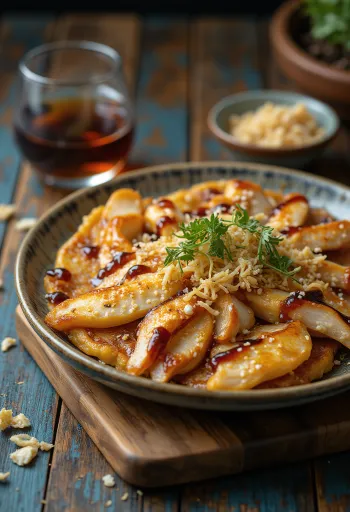 Okonomiyaki lavet med kylling serveret med okonomiyakisauce og bonito-flager