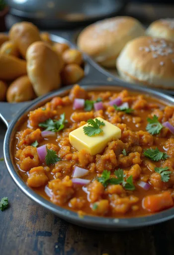 Pav Bhaji med klassiske grøntsager, serveret med frisk koriander og ristede boller