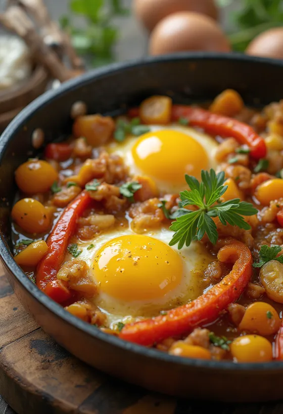 Ratatouille med farverige stegte grøntsager, pyntet med friske krydderurter