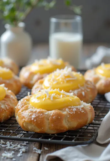 Skolebrød i aflang form, pyntet med vaniljebudding og kokosmel