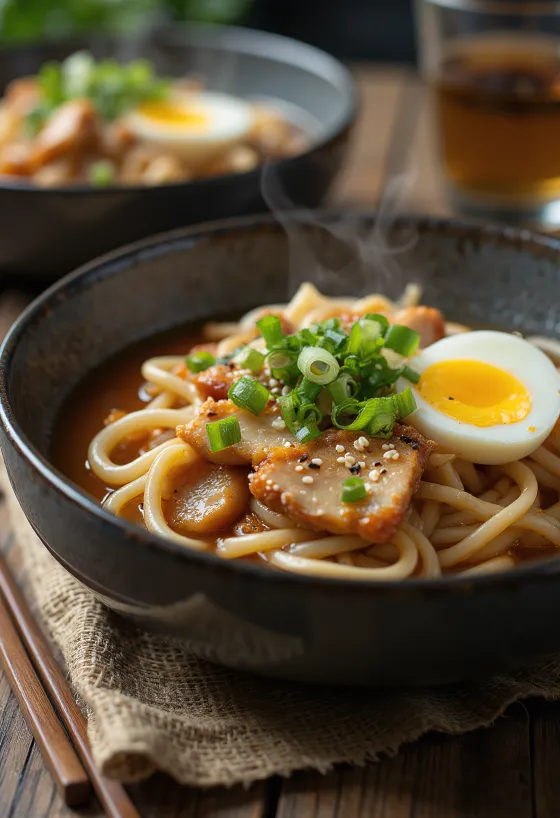 Stamina udon serveret i skål med udon-nudler, stegt kyllingekød, æg og sojasauce-baseret sauce
