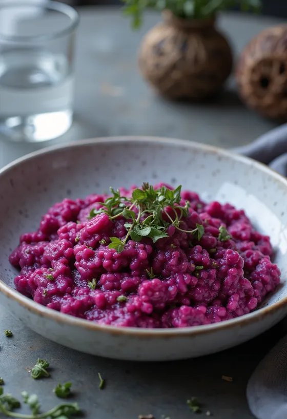 Vegansk risotto med rødbede serveret