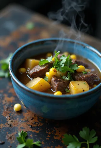 Caldillo med oksekød, serveret som en rig, krydret suppe pyntet med frisk koriander
