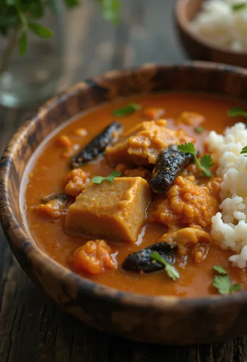 Egusi soup med røget fisk, serveret i en rig kød- og grøntsagssauce.