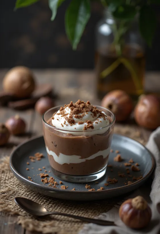 Kastanje-chokoladedessert serveret