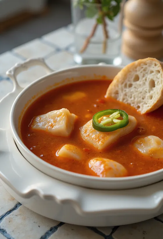 Fiskesuppe af frisk karpe, serveret med rød paprikasauce og stærk paprika
