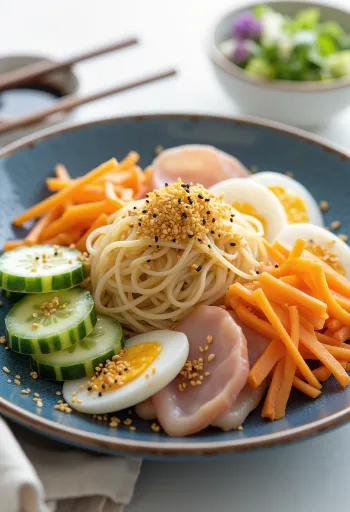 Hiyashi chuka kold japansk ramen med grøntsager og æg