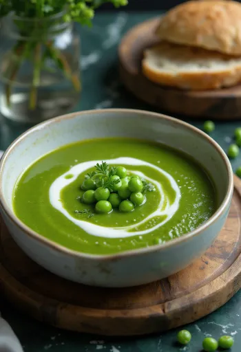 Cremet grønne ærter suppe med mynte serveret