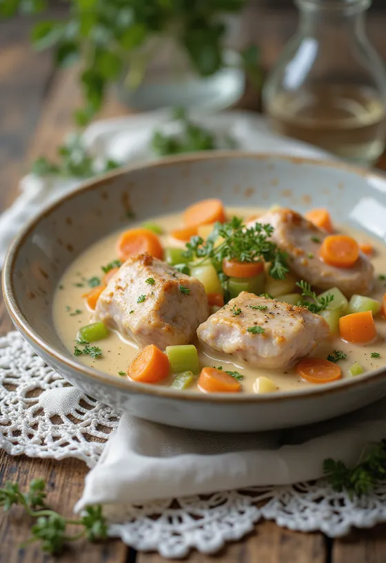 Kaninfrikassé serveret med cremet sauce og pyntet med frisk persille