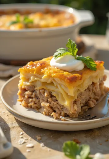 Traditionel ungarsk kålfad, lagdelt med hakket kød og ris, serveret med creme fraiche.