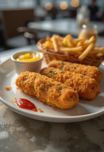 Gyldenbrune panerede pølser serveret med frisk sennep og ketchup.