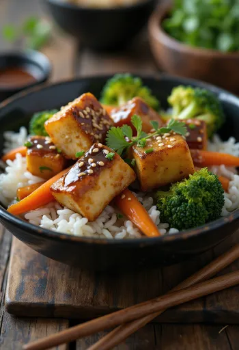 Sesamtofu med grøntsager, ristet sesam og friske grøntsager serveret.