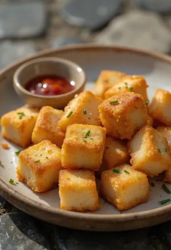 Sprød stegt tofu, serveret i sojasauce