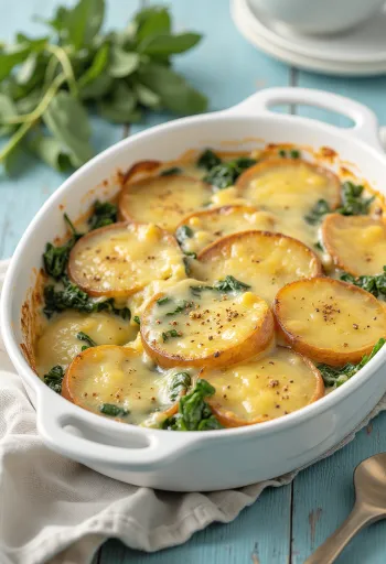 Vegansk spinatgratin serveret