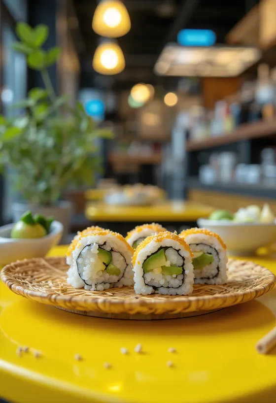 Vegansk sushi med nori-tang, avocado og pyntet med sesamfrø