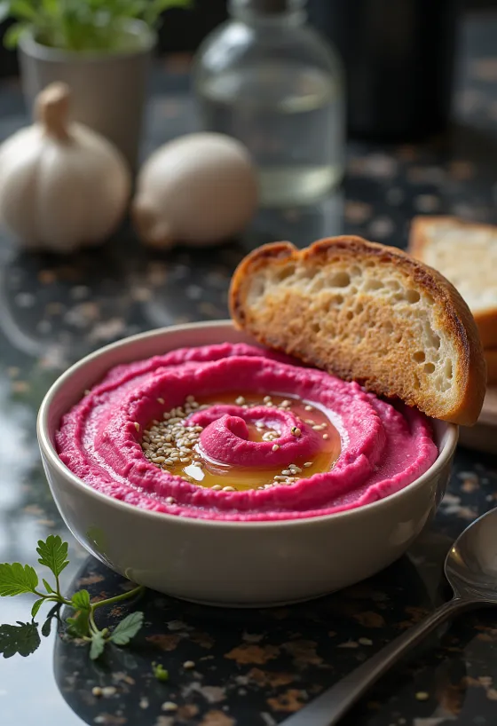 Rødbedehummus serveret med ristet brød
