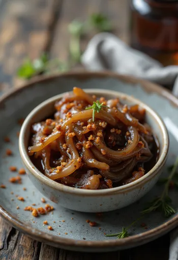 Chili-karamelliseret løgsovs i en skål, pyntet med frisk chili.