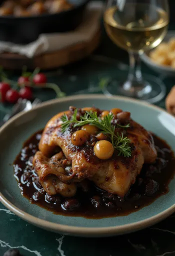 Coq au Vin serveret med frisk persille og brød