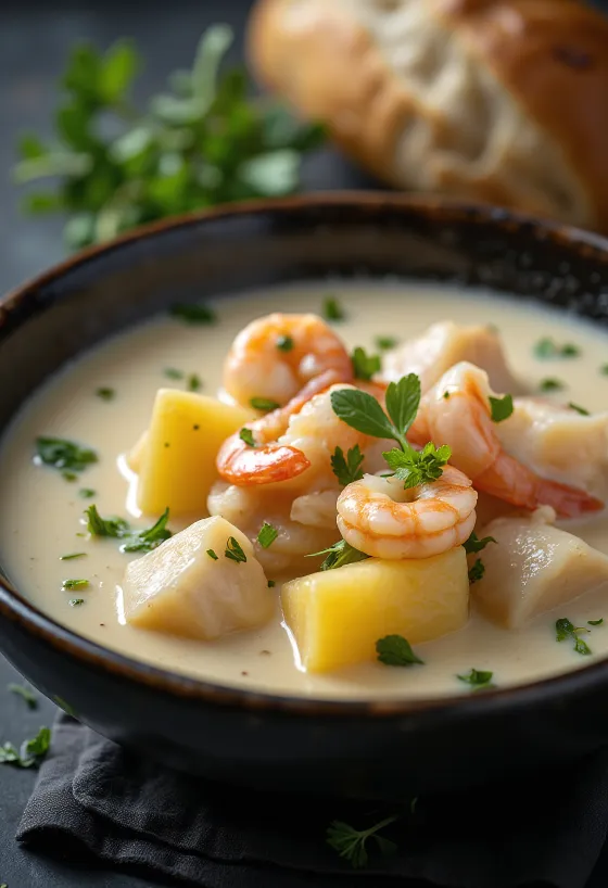 Cullen skink med skaldyr, cremet fiskesuppe serveret