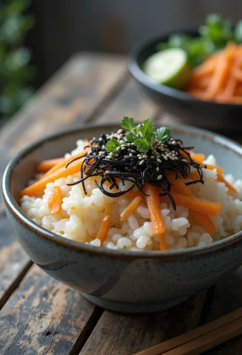 Prebiotisk hijiki med ris, serveret med sesamfrø og koriander
