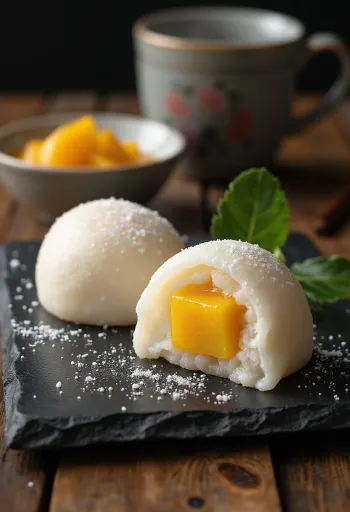 Mochi med mango, cremet fyld, friske mangostykker indeni
