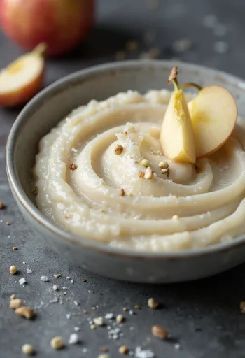 Hvidløgs- og æblemos i keramikskål, omgivet af æble og hvidløgsfed