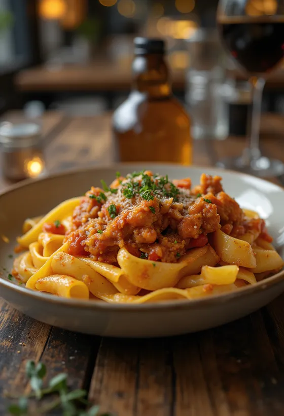 Kaninragout serveret med pappardelle pasta og pyntet med frisk rosmarin