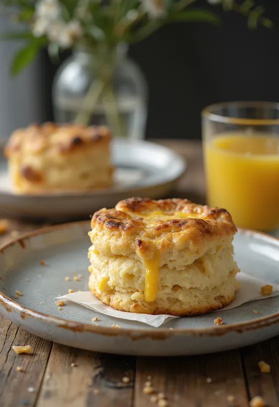Scones med hytteost, serveret med frisk te, bløde og gyldenbrune