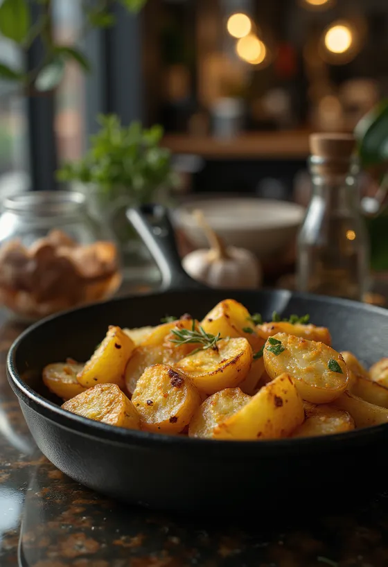 Gyldenbrune, sprøde ovnbagte kartofler med friske krydderurter.