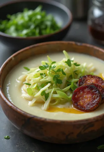 Caldo verde med kartofler, serveret med chorizo