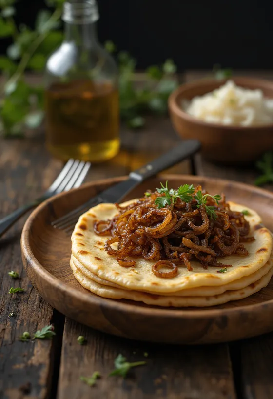 Chapati med stegte løg, friskbagt, serveret