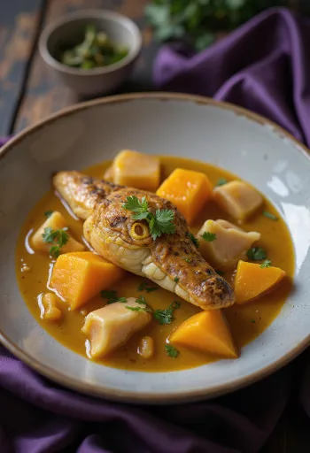 Krokodille- og græskarcurry serveret i en skål med frisk koriander.