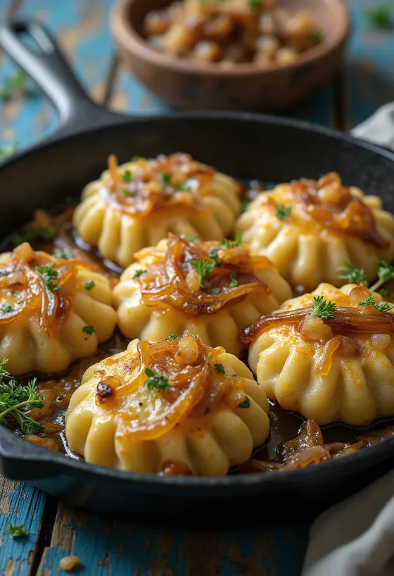 Sprød dödölle serveret med creme fraiche og ristede løg