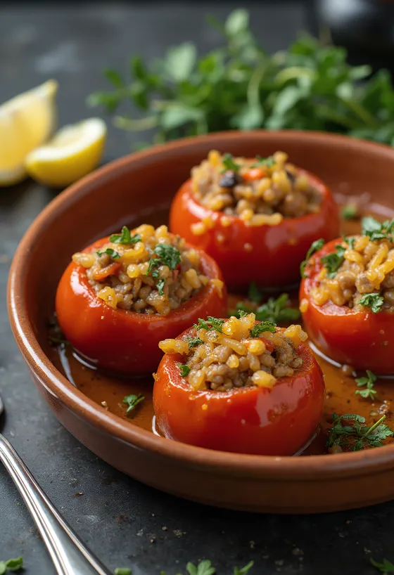 Dolma i tomat, med risfyld, dryppet med olivenolie og serveret med friske krydderurter