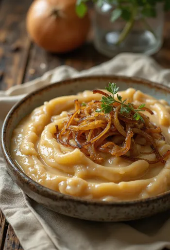 Karamelliseret løgsauce serveret med frisk brød