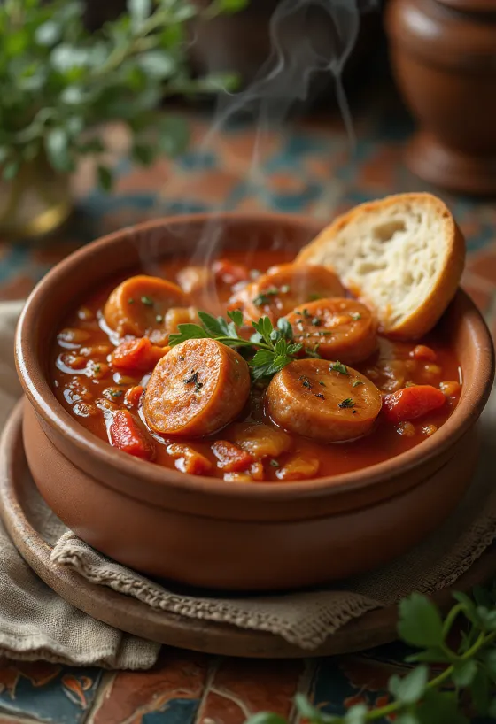 Lecsó med pølse serveret med frisk peberfrugt, tomat og røget pølse