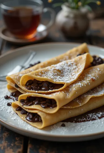 Patishapta med chokoladefyld, serveret med nødder og kanel