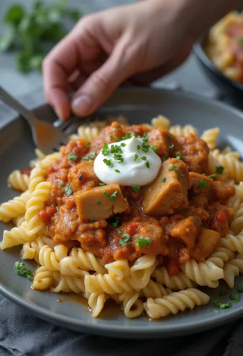 Pörkölt serveret med pasta og creme fraiche