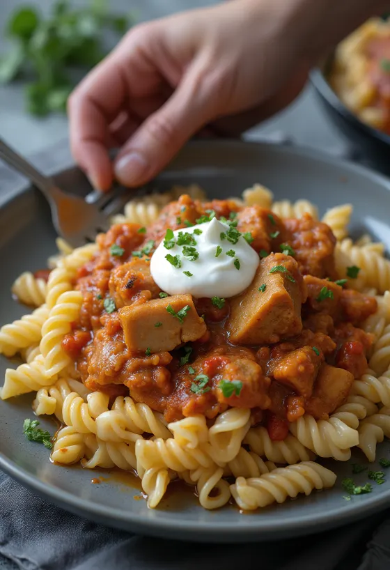 Pörkölt serveret med pasta og creme fraiche