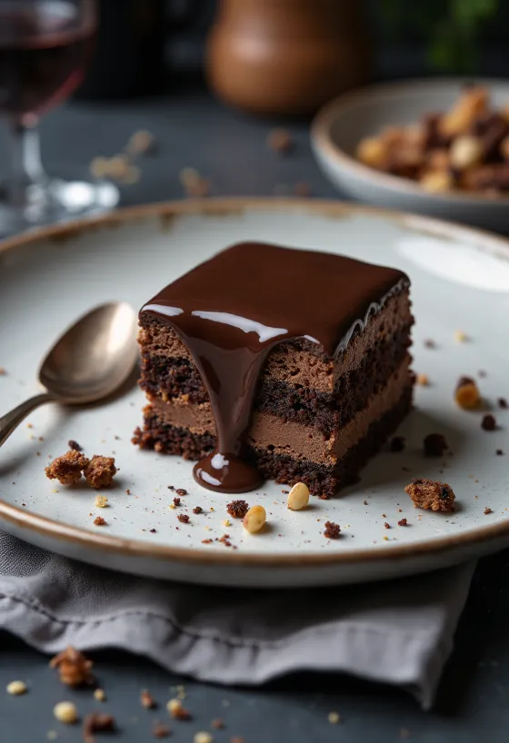 Rigó Jancsi chokoladekage skive på en hvid tallerken