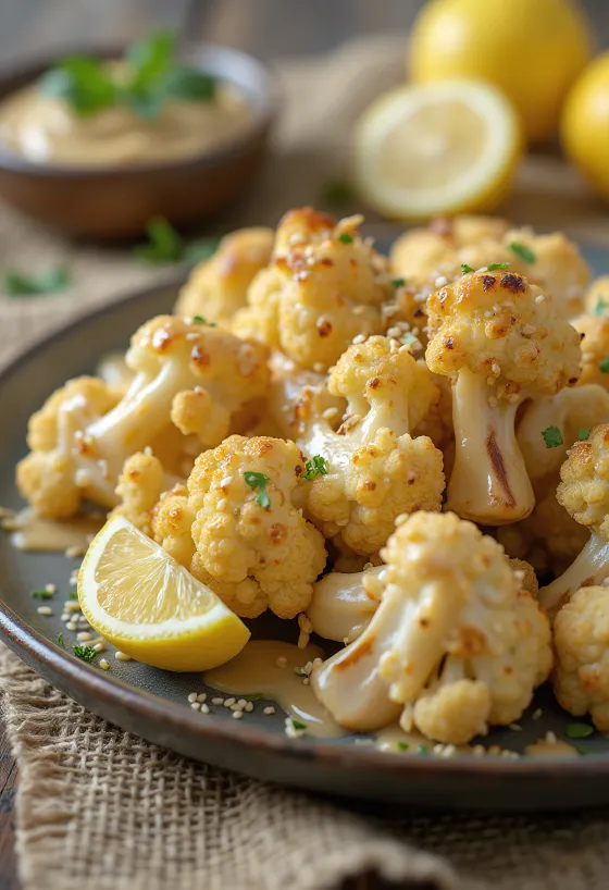 Ristet blomkålssalat med tahindressing, serveret med frisk persille og ristede sesamfrø.